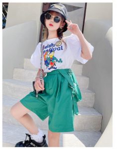 Bộ Bé Gái áo Tay Bồng Quần Xanh Kèm đai 1