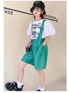 Bộ Bé Gái áo Tay Bồng Quần Xanh Kèm đai 2