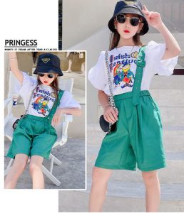 Bộ Bé Gái áo Tay Bồng Quần Xanh Kèm đai 3