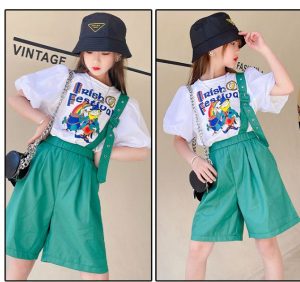Bộ Bé Gái áo Tay Bồng Quần Xanh Kèm đai 4