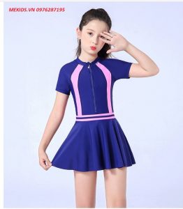 Bộ Bơi Liền Kèm Chân Váy Bé Gái Màu Xanh 1
