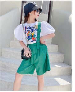 Bộ Bé Gái áo Tay Bồng Quần Xanh Kèm đai